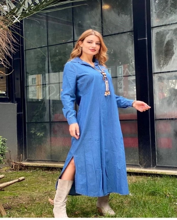 Uzun Mavi Denim Elbise - Görsel 2