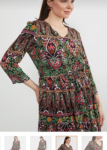 Renkli Bohem Uzun Elbise V Yaka - Görsel 3