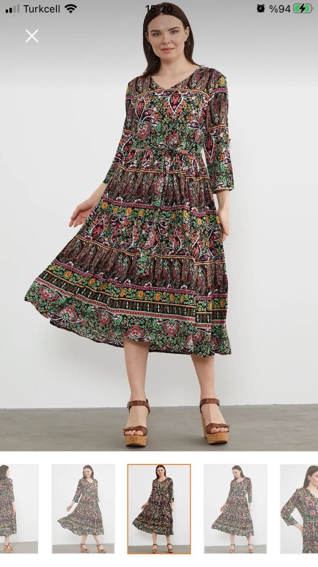 Renkli Bohem Uzun Elbise V Yaka - Görsel 4