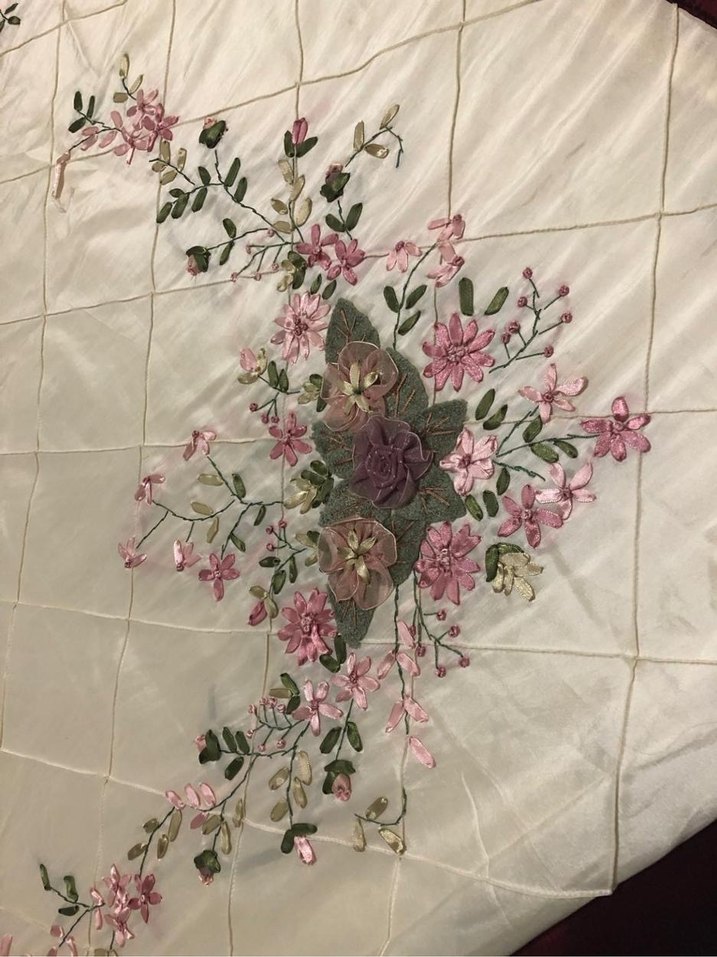 Krem bordo Çiçek Desenli kurdela işi Yastık ve Yastık Kılıfı - Görsel 4