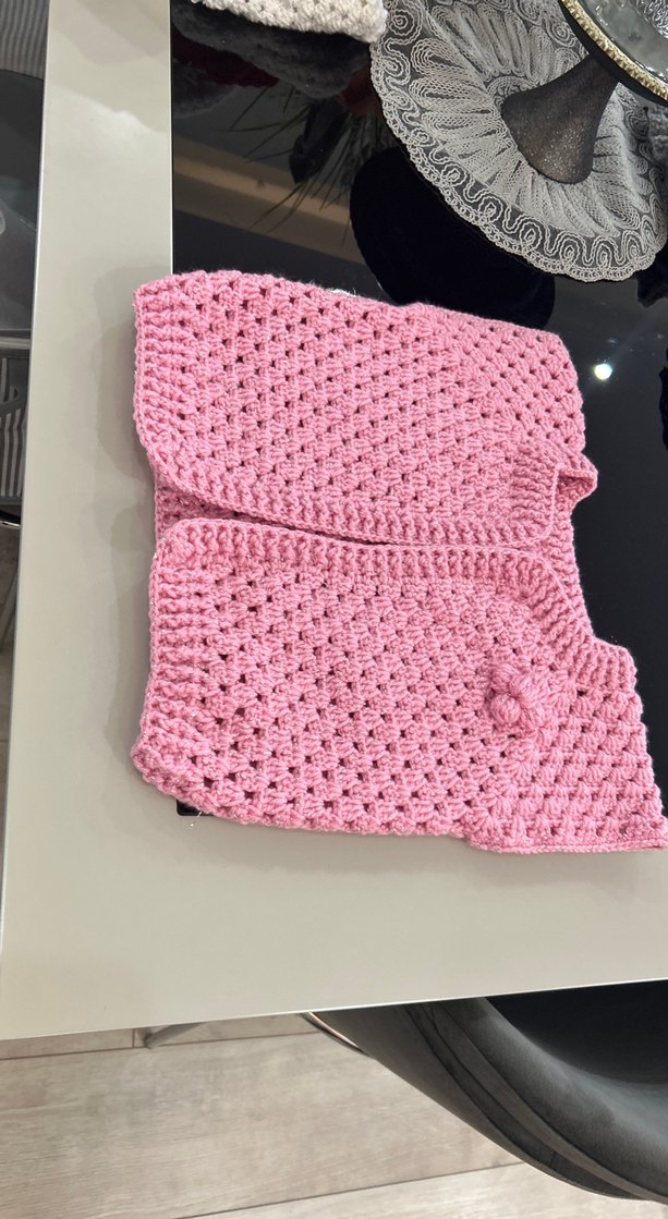 Kız Çocuk Pembe Örgü Kolsuz Hırka - Görsel 2