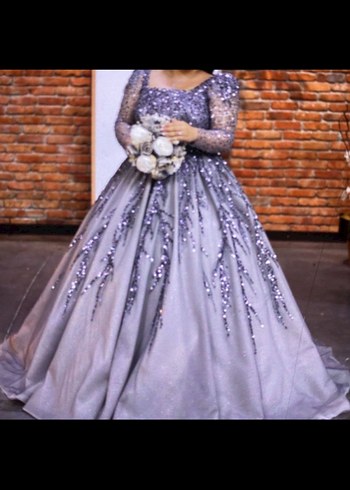 Uzun Kollu V Yaka İşlemeli Parlak Nişan Elbisesi - Görsel 2