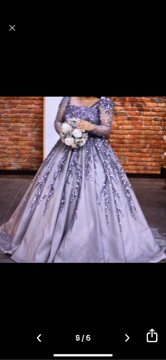 Uzun Kollu V Yaka İşlemeli Parlak Nişan Elbisesi - Görsel 2