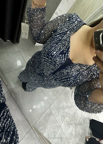 Mavi V Yaka Midi Abiye Elbise - Görsel 2