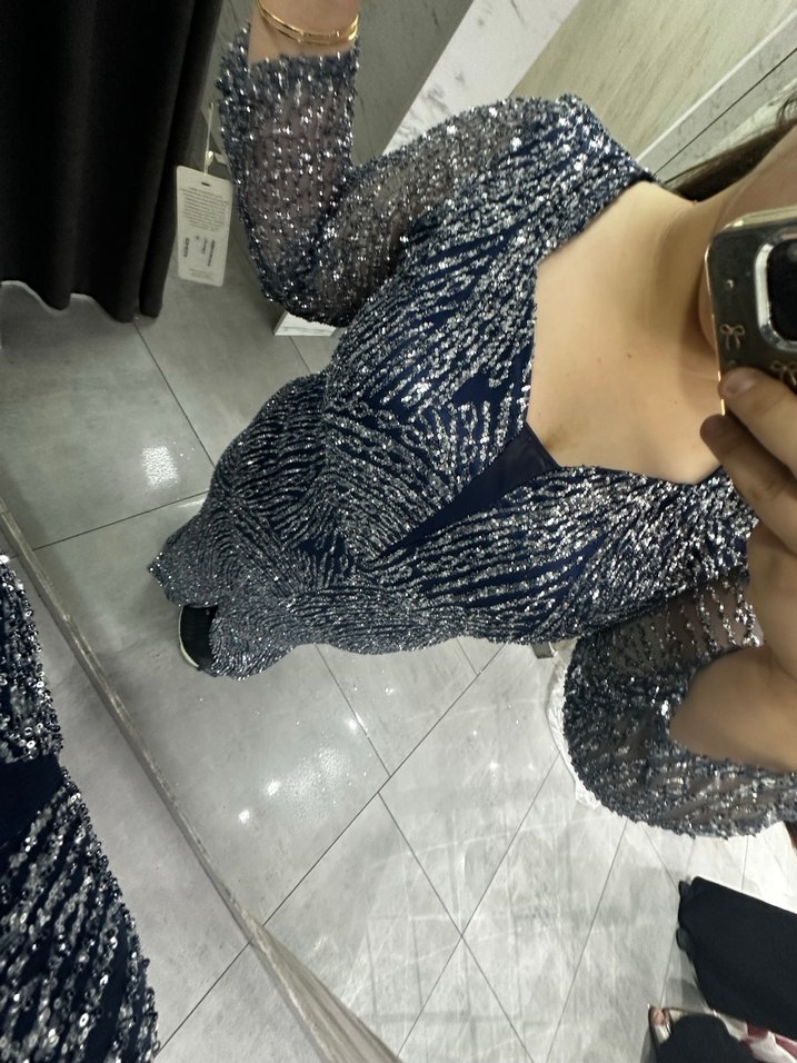 Mavi V Yaka Midi Abiye Elbise - Görsel 2