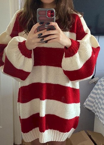 Kırmızı Beyaz Çizgili salaş el örmesi Kazak - Görsel 2