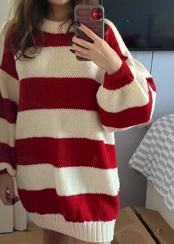 Kırmızı Beyaz Çizgili salaş el örmesi Kazak - Görsel 3