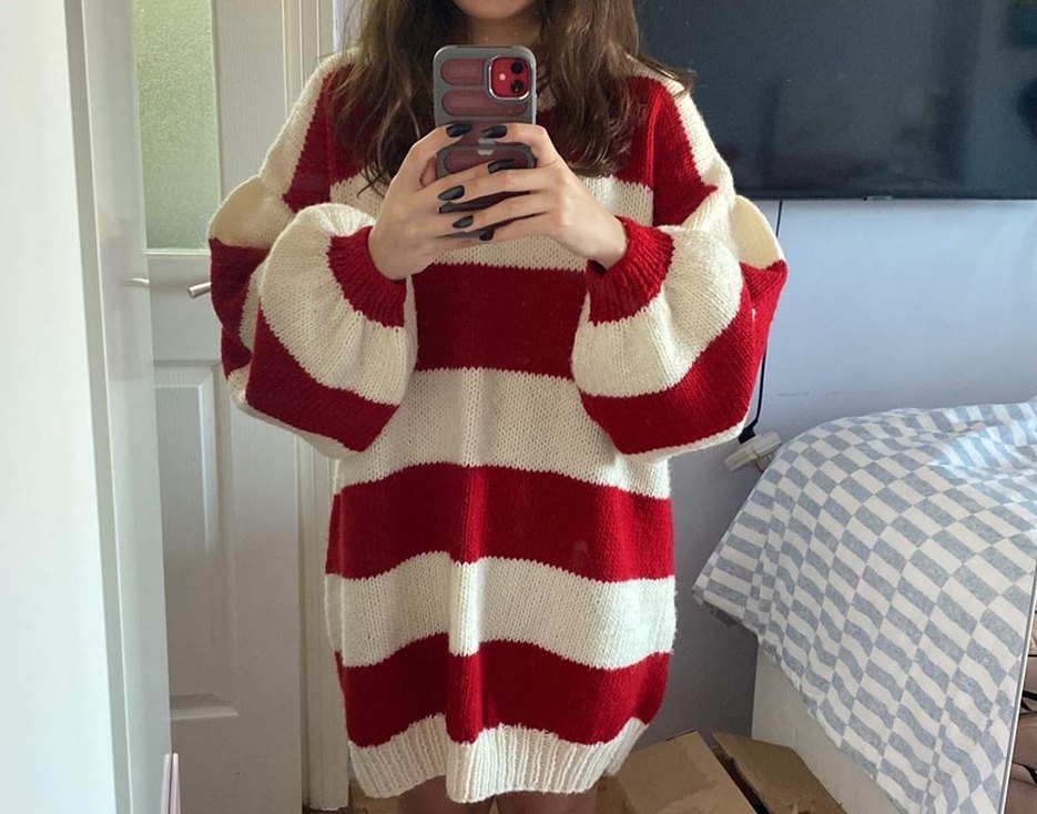 Kırmızı Beyaz Çizgili salaş el örmesi Kazak - Görsel 2