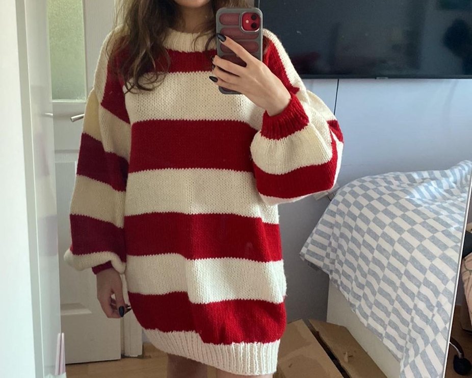 Kırmızı Beyaz Çizgili salaş el örmesi Kazak - Görsel 3