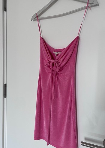 Parlak Pembe Straplez Yaka Mini Elbise - Görsel 2
