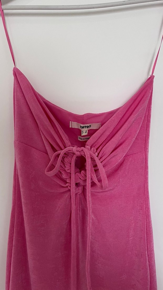Parlak Pembe Straplez Yaka Mini Elbise - Görsel 4