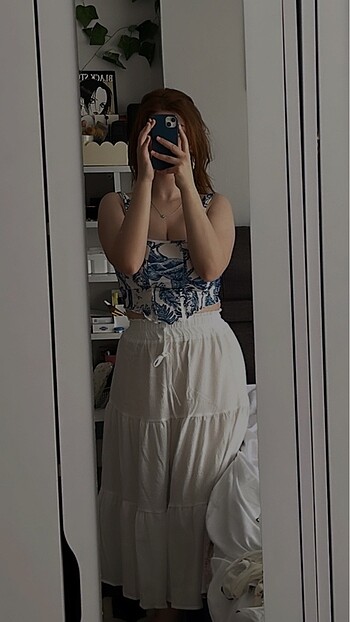 l Beden beyaz Renk SHEİN Mavi etnik desenli crop