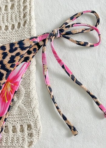 xl Beden pembe Renk Pembe Çiçekli Bohem Dantel Detaylı Bikini