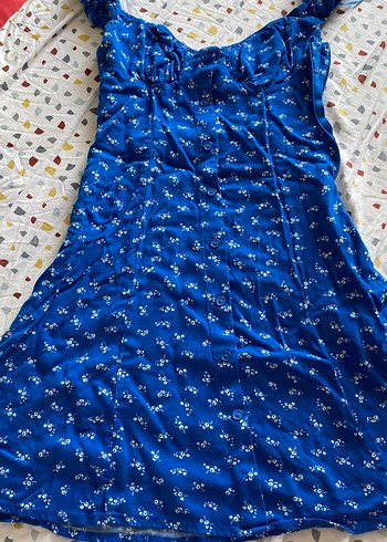 Mavi Fırfırlı V Yaka Midi Elbise - Görsel 2