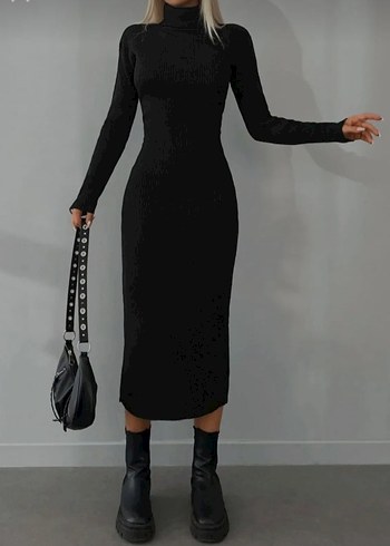 Siyah Yüksek Yakalı Uzun Deri Triko Elbise - Görsel 3