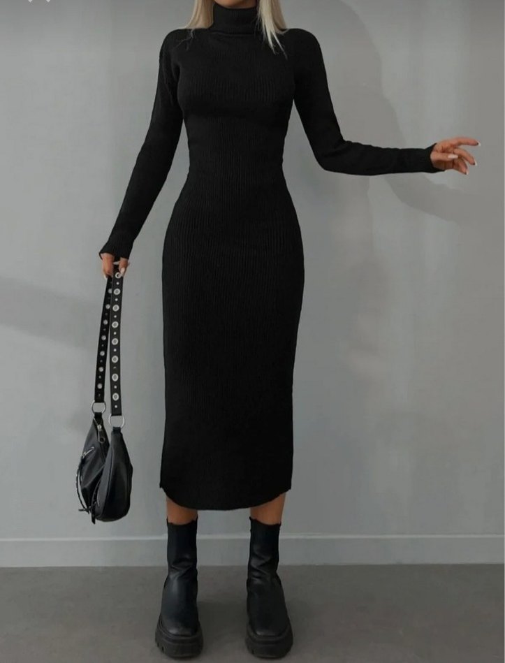 Siyah Yüksek Yakalı Uzun Deri Triko Elbise - Görsel 3