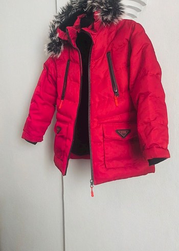 Kürklü Kapüşonlu Koyu Kırmızı Erkek Çocuk Mont - Görsel 2