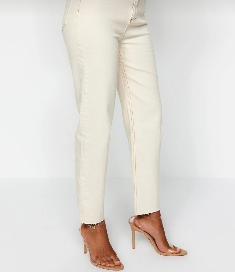 Ekru Regular Fit Midi Kadın Kot Pantolon - Görsel 3