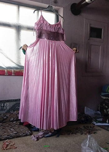 Pembe Parlak Askılı Uzun Elbise - Görsel 2