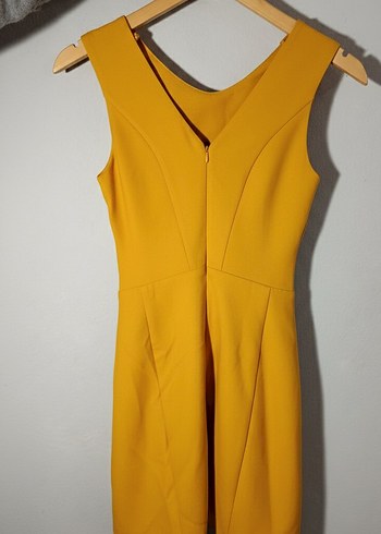 Sarı Midi V Yaka Pilili Kadın Elbise - Görsel 2