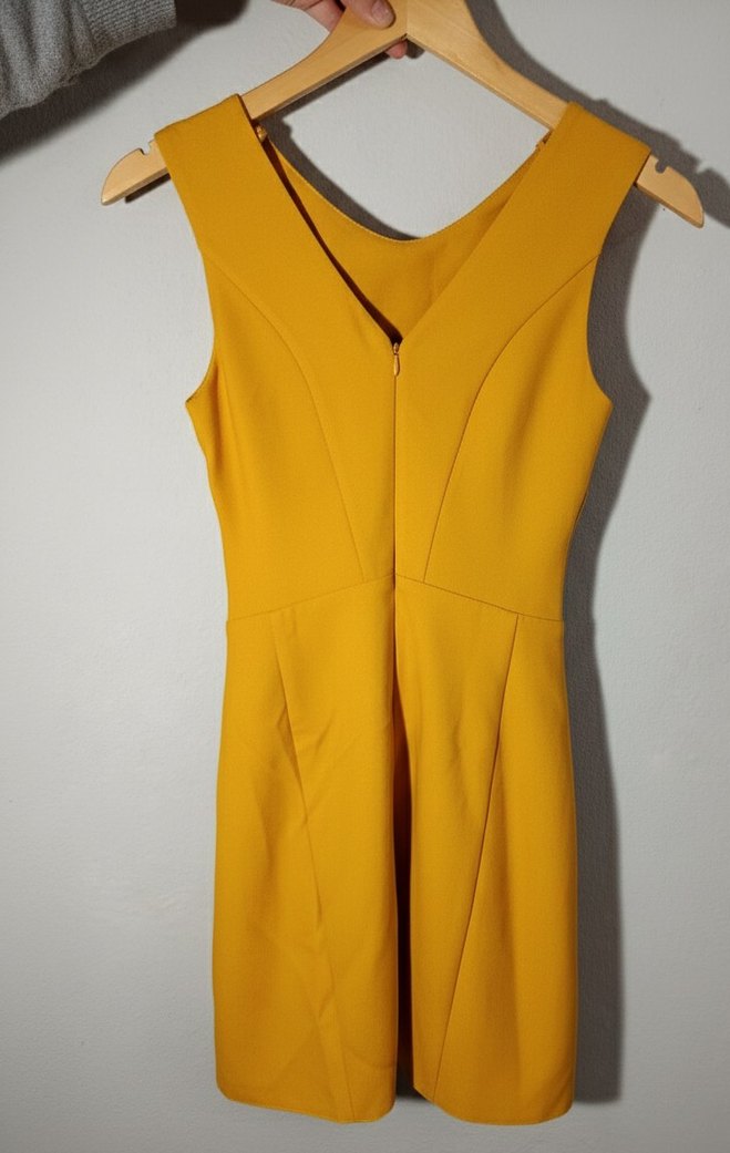 Sarı Midi V Yaka Pilili Kadın Elbise - Görsel 2