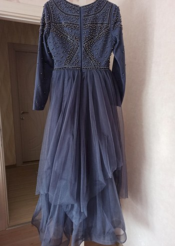 Uzun Kollu Lacivert Gotik Abiye Elbise - Görsel 2