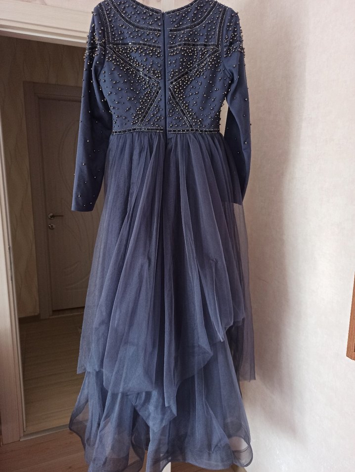 Uzun Kollu Lacivert Gotik Abiye Elbise - Görsel 2