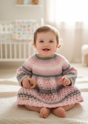 Pembe Gri Batik Desenli Kız Çocuk El örgüsü Elbise - Görsel 2