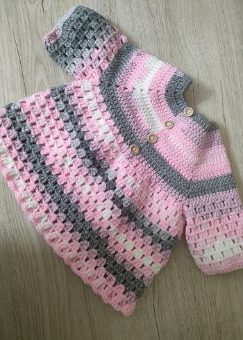 Pembe Gri Batik Desenli Kız Çocuk El örgüsü Elbise - Görsel 4