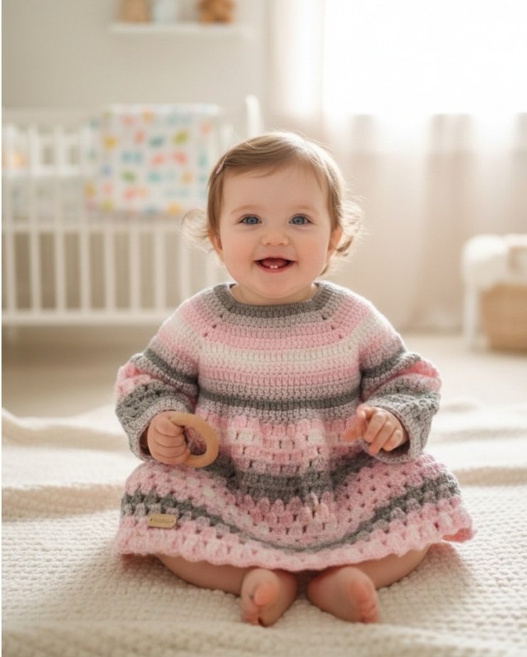 Pembe Gri Batik Desenli Kız Çocuk El örgüsü Elbise - Görsel 2