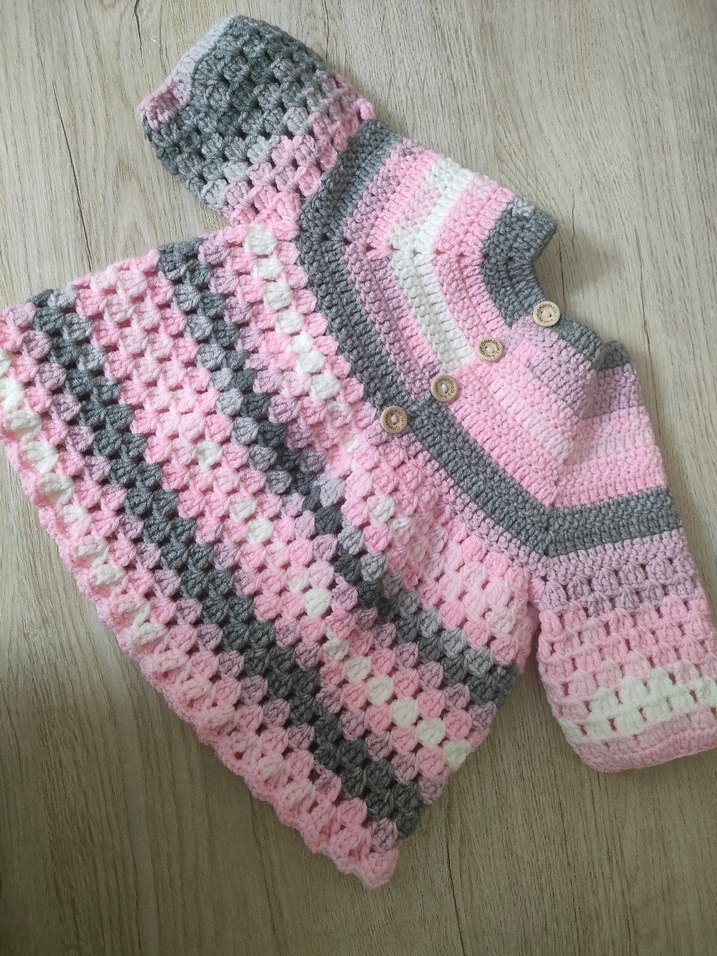 Pembe Gri Batik Desenli Kız Çocuk El örgüsü Elbise - Görsel 4