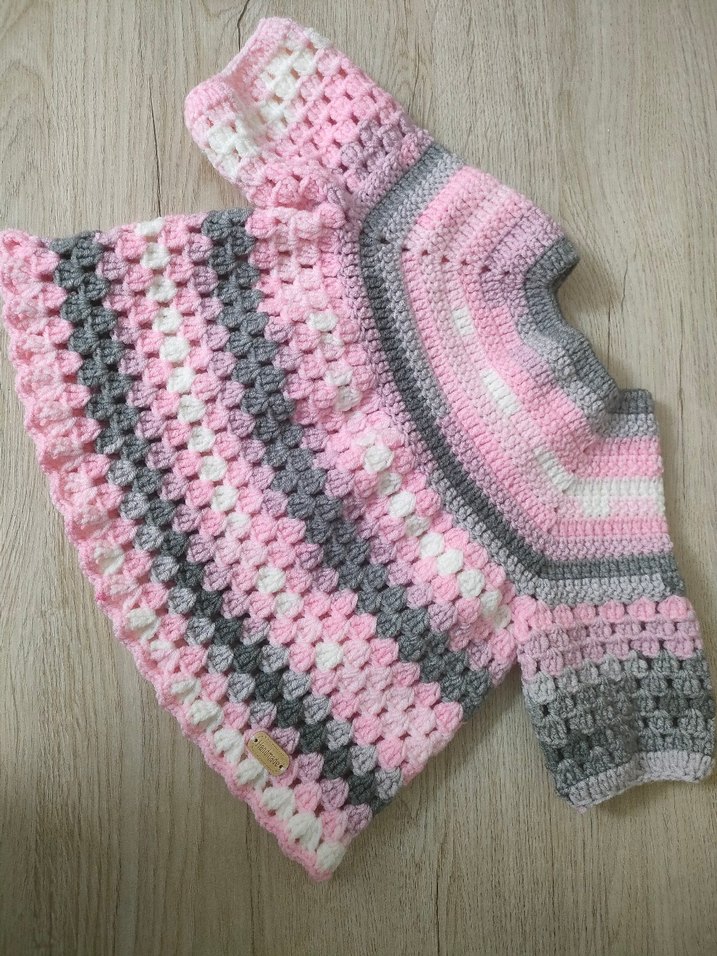 Pembe Gri Batik Desenli Kız Çocuk El örgüsü Elbise - Görsel 3