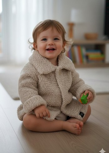 Çocuk Bej El örgüsü Oversize Mont - Görsel 2