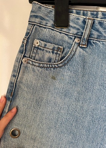 Düğmeli Mavi Rahat Kesim Kadın Kot Pantolon - Görsel 5