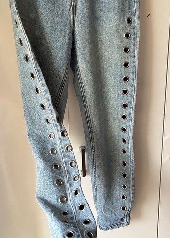 Düğmeli Mavi Rahat Kesim Kadın Kot Pantolon - Görsel 2