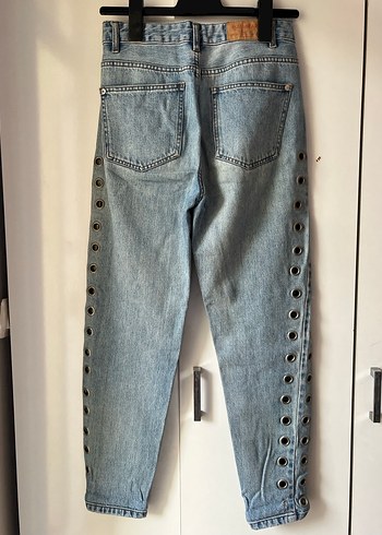 Düğmeli Mavi Rahat Kesim Kadın Kot Pantolon - Görsel 7