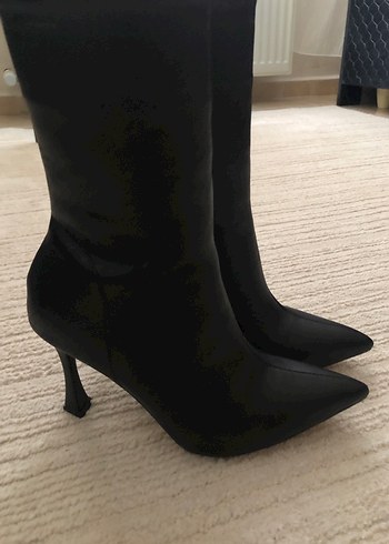 Siyah Deri Stiletto Topuklu Kadın Çizme - Görsel 2