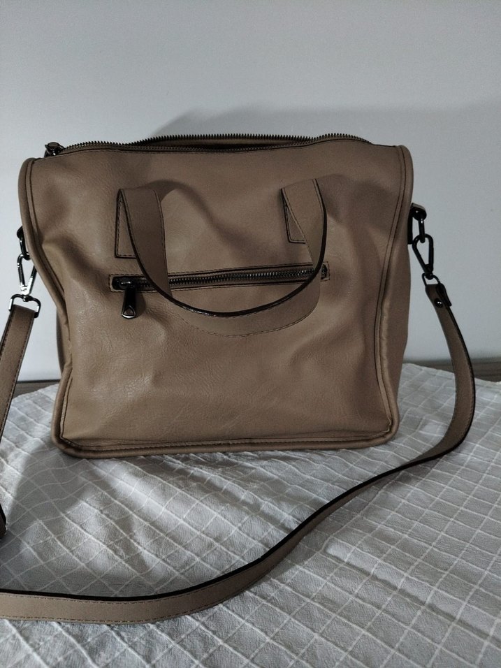 Jacqueline de Young Bej Deri Kadın Çanta Fermuarlı Cepli - Görsel 2