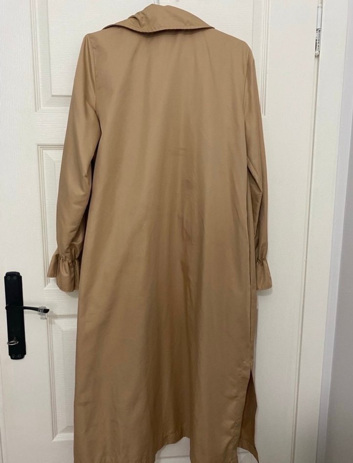 Bej Uzun Kadın Trençkot Drapeli - Görsel 3