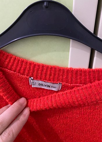 Kadın Kırmızı Gri Oversize Yün Kazak - Görsel 3