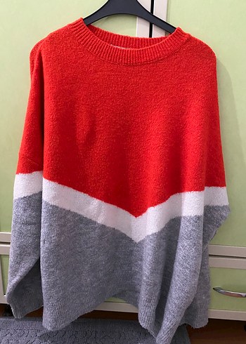 Kadın Kırmızı Gri Oversize Yün Kazak - Görsel 2