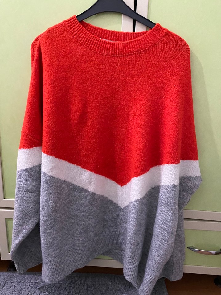 Kadın Kırmızı Gri Oversize Yün Kazak - Görsel 2