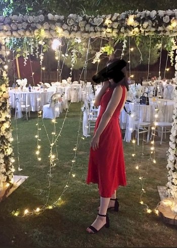 Kırmızı Midi Drapeli V-Yaka Uzun Elbise - Görsel 2