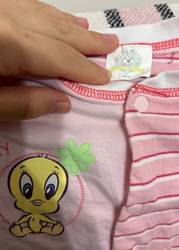 Pembe Bebek Kız Tulum, Düğmeli, Çizgili ve Düz - Görsel 3