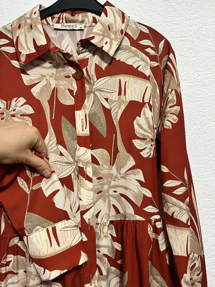 Drapeli Uzun Kollu Bohem Desenli Elbise - Görsel 3