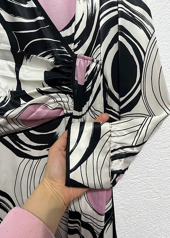 Pembe Gri Desenli Uzun Kadın elbise - Görsel 3