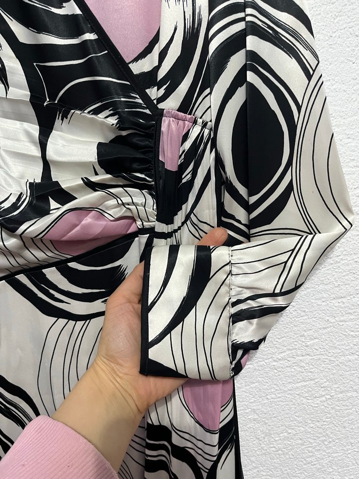 Pembe Gri Desenli Uzun Kadın elbise - Görsel 3