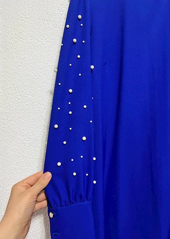 İnci İşlemeli Mavi Uzun Kollu Elbise tunik - Görsel 3