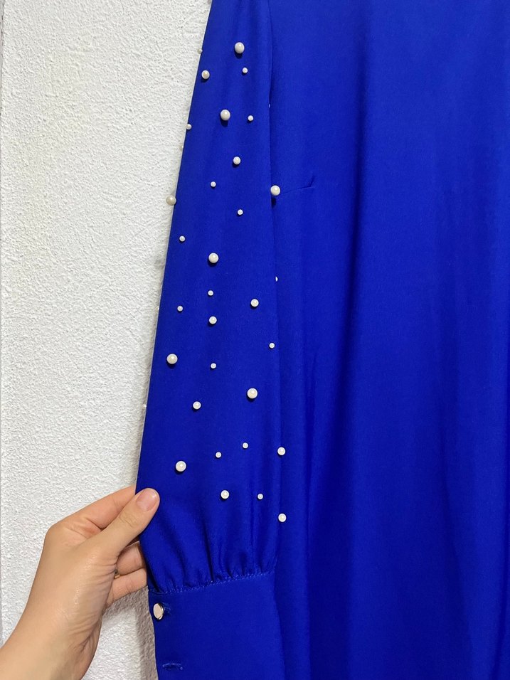İnci İşlemeli Mavi Uzun Kollu Elbise tunik - Görsel 3