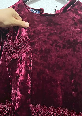 Bordo Kadın Uzun Dantel Detaylı Elbise - Görsel 2